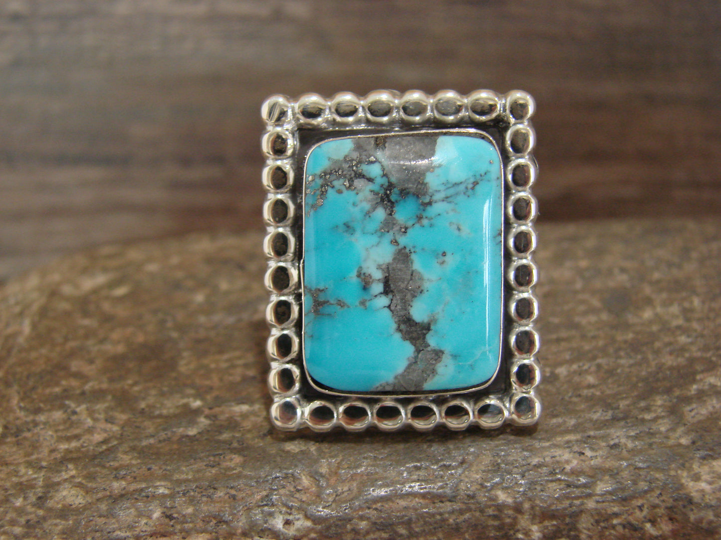 Native American Sterling Silver & Turquoise Square Ring by Yazzie - Size 9