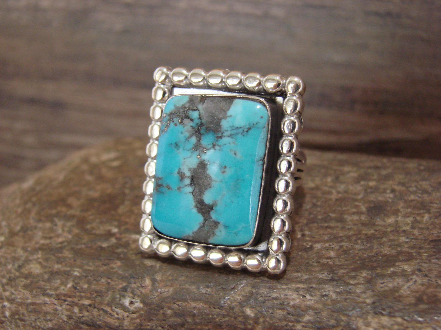 Native American Sterling Silver & Turquoise Square Ring by Yazzie - Size 9