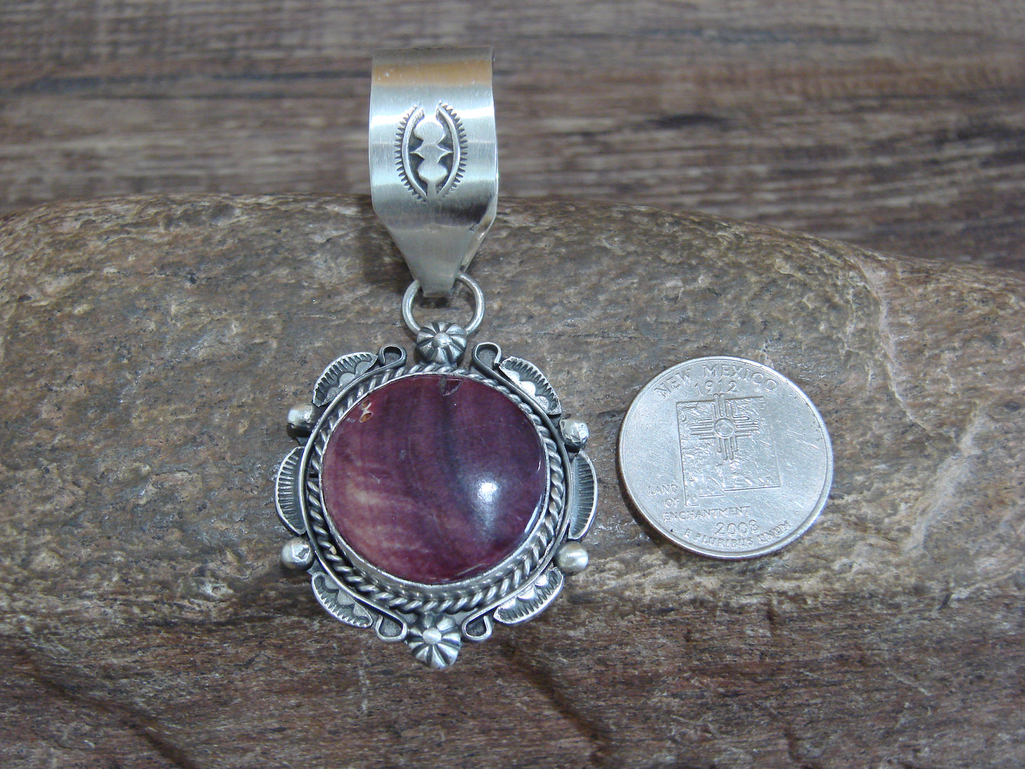 Native American Sterling Silver & Purple Spiny Oyster Pendant Signed Dawes