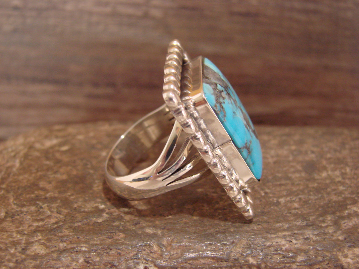 Native American Sterling Silver & Turquoise Square Ring by Yazzie - Size 9