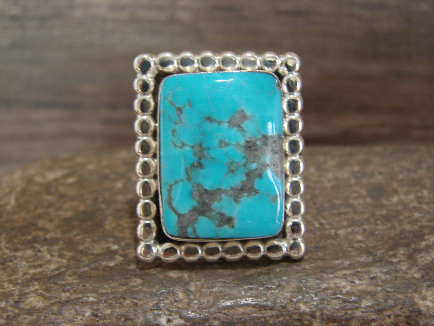 Native American Sterling Silver & Turquoise Square Ring by Yazzie - Size 9