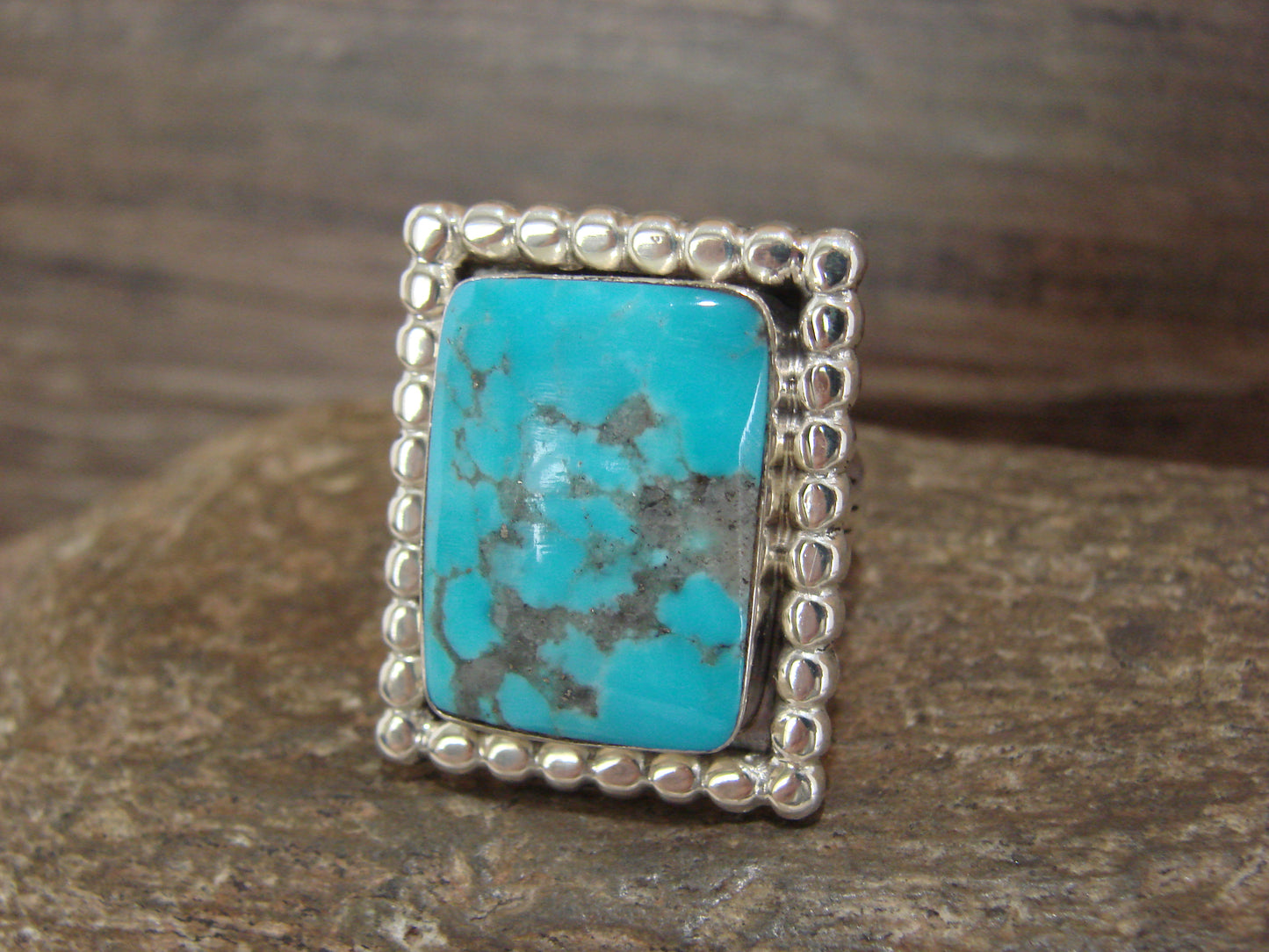Native American Sterling Silver & Turquoise Square Ring by Yazzie - Size 9
