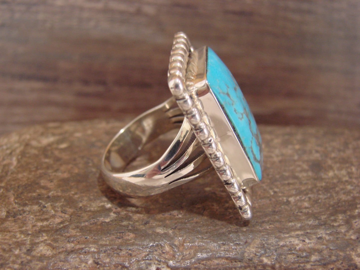 Native American Sterling Silver & Turquoise Square Ring by Yazzie - Size 9