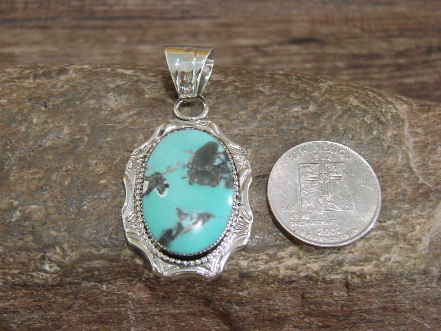 Native American Sterling Silver & Turquoise Pendant by L. Silversmith