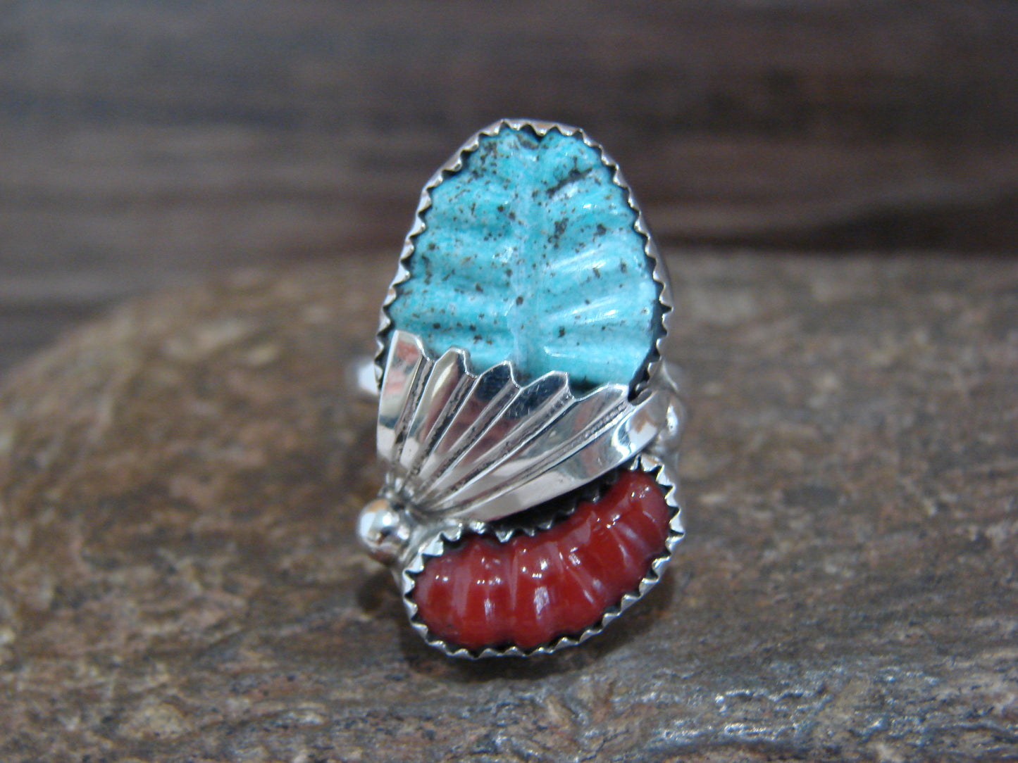 Native American Sterling Silver Turquoise & Coral Ring by Tsattie - Size 5.5
