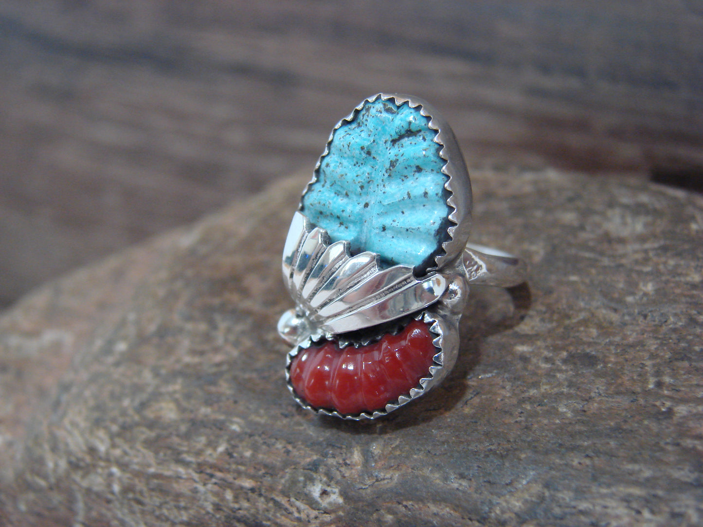 Native American Sterling Silver Turquoise & Coral Ring by Tsattie - Size 5.5