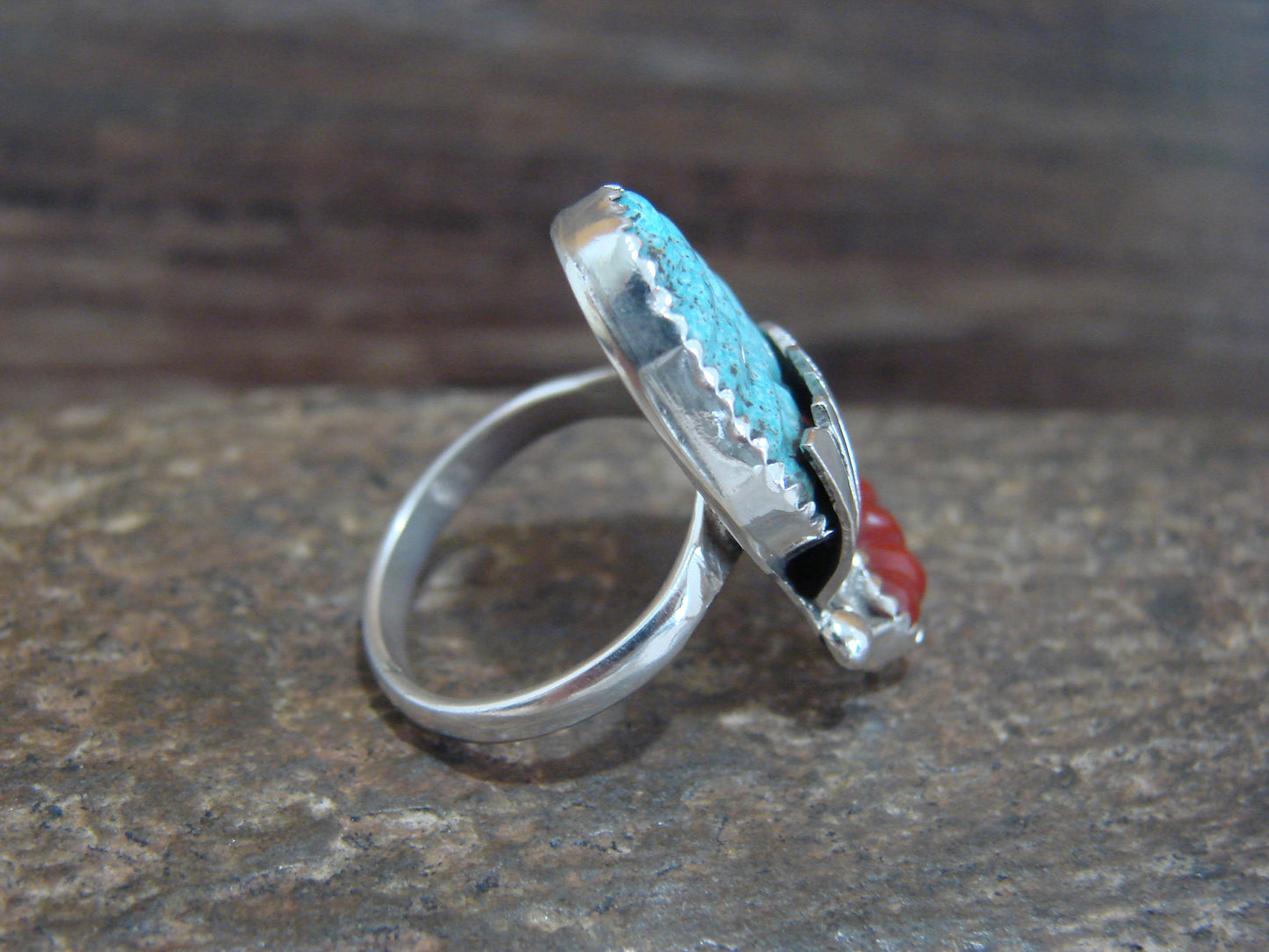 Native American Sterling Silver Turquoise & Coral Ring by Tsattie - Size 5.5