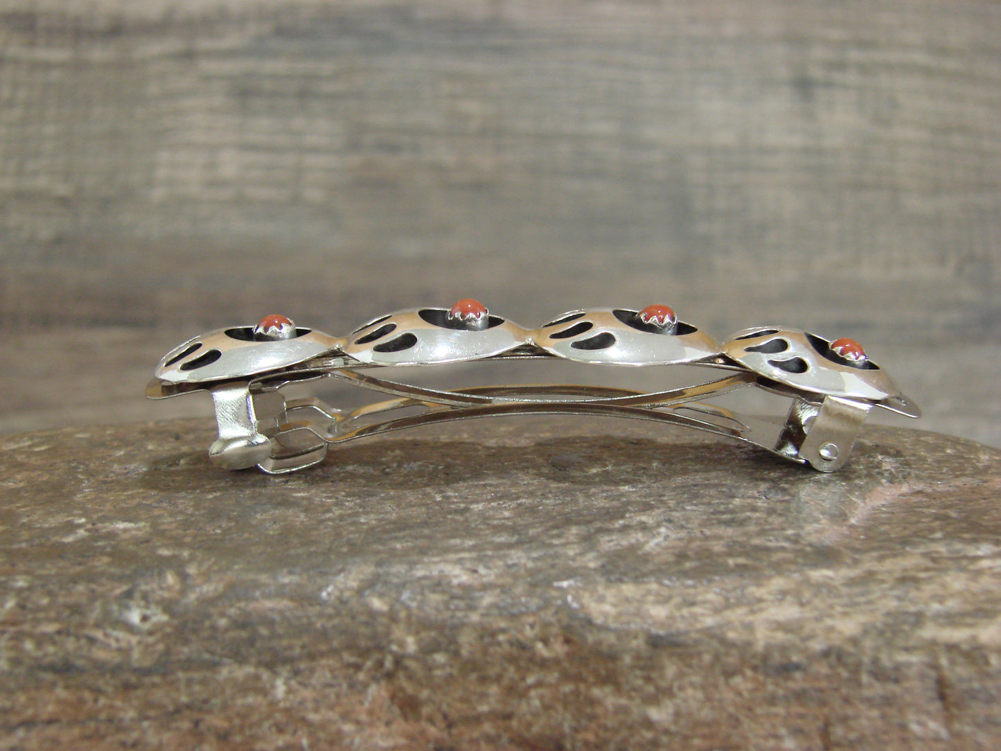 Native American Sterling Silver Coral Bear Paw Hair Barrette by Leta Parker