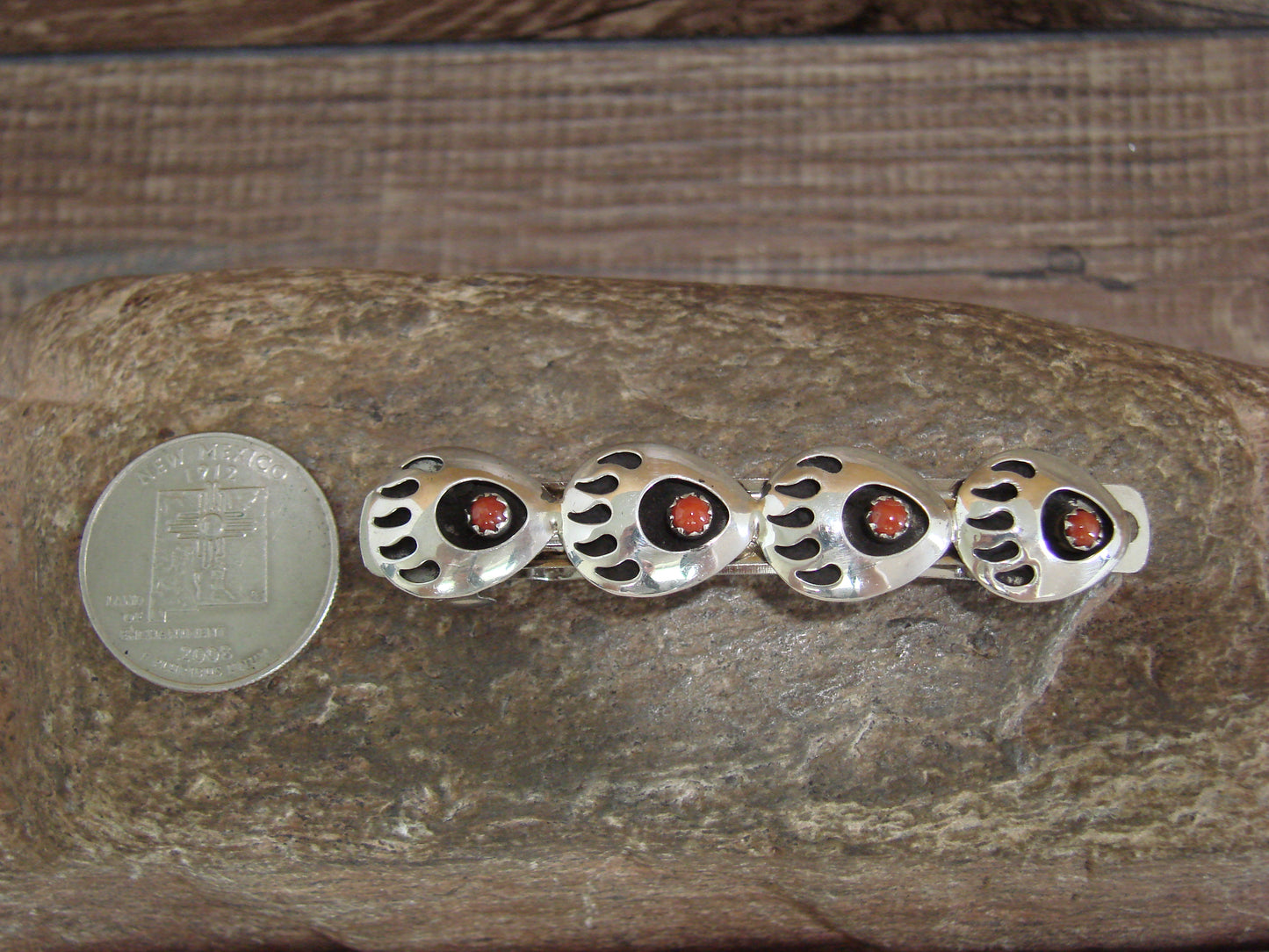 Native American Sterling Silver Coral Bear Paw Hair Barrette by Leta Parker
