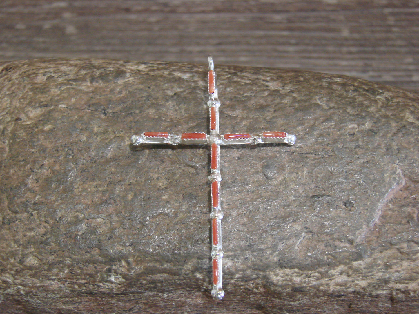 Native American Sterling Silver Reversible Turquoise & Coral Cross Pendant - Laate