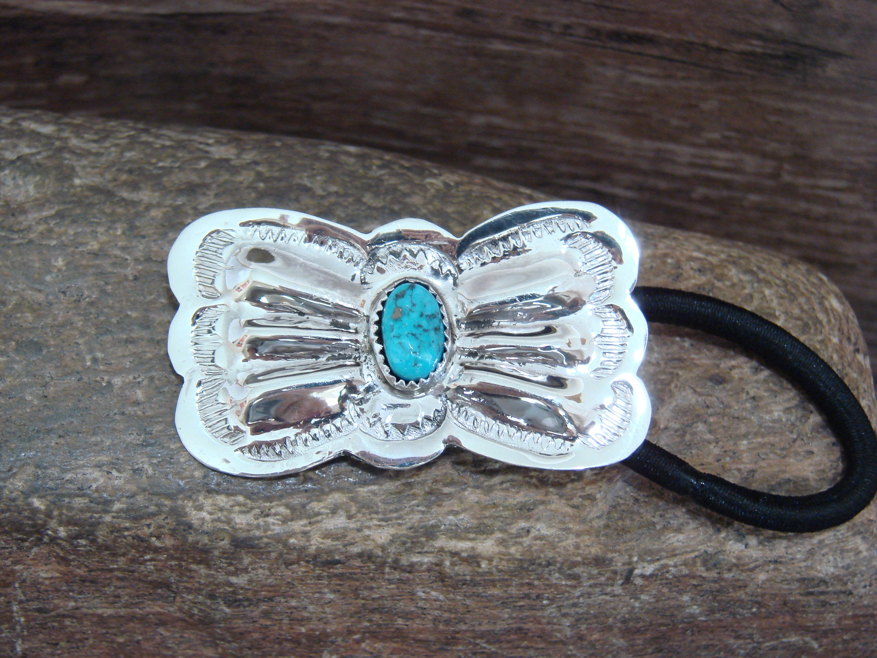 Native Silver-Tone Concho Hair Tie with Turquoise Accent Native American Sterling Silver & Turquoise Concho Hair Tie  main image 4