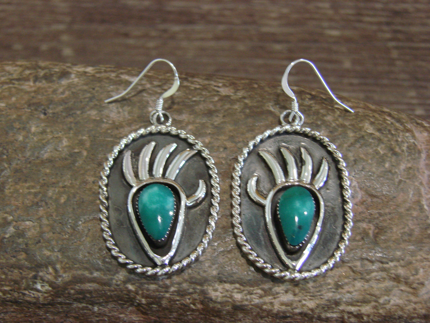Native American Navajo Indian Sterling Silver Turquoise Bear Paw Dangle Earrings - Belin