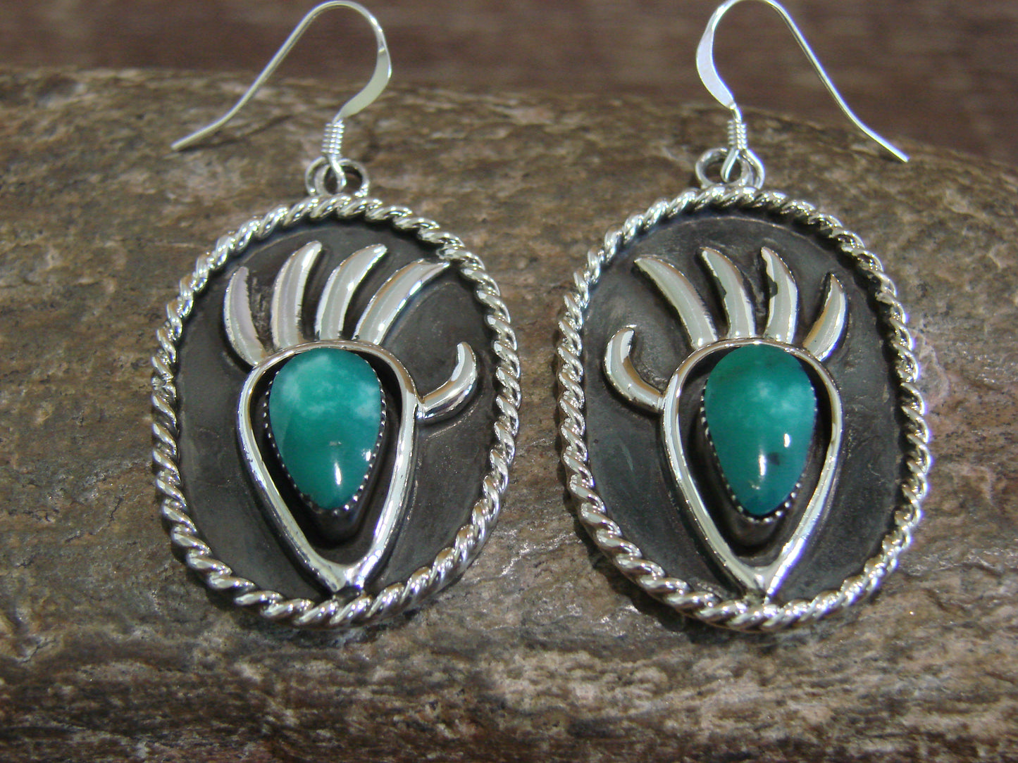 Native American Navajo Indian Sterling Silver Turquoise Bear Paw Dangle Earrings - Belin
