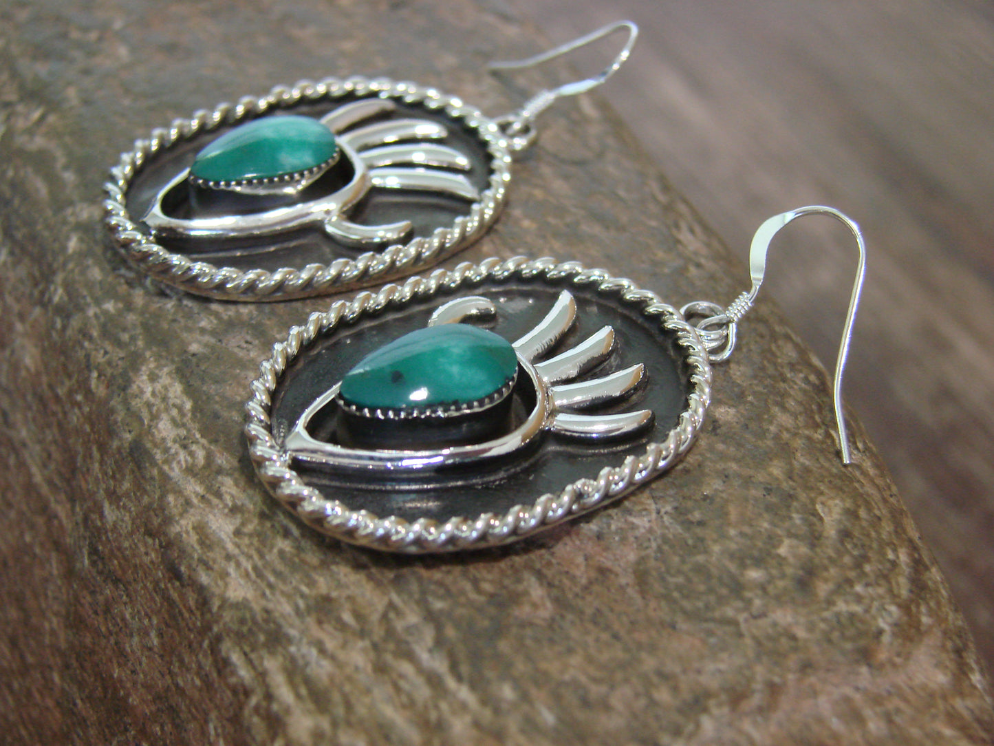Native American Navajo Indian Sterling Silver Turquoise Bear Paw Dangle Earrings - Belin