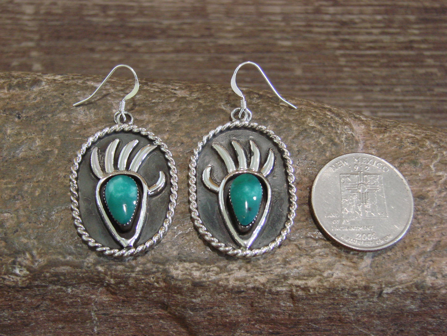 Native American Navajo Indian Sterling Silver Turquoise Bear Paw Dangle Earrings - Belin