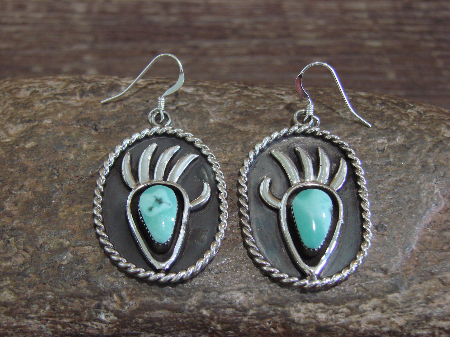 Native American Navajo Indian Sterling Silver Turquoise Bear Paw Dangle Earrings - Belin