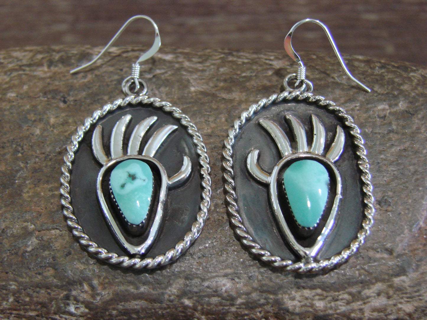 Native American Navajo Indian Sterling Silver Turquoise Bear Paw Dangle Earrings - Belin