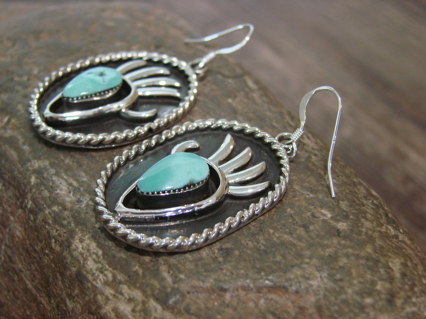 Native American Navajo Indian Sterling Silver Turquoise Bear Paw Dangle Earrings - Belin