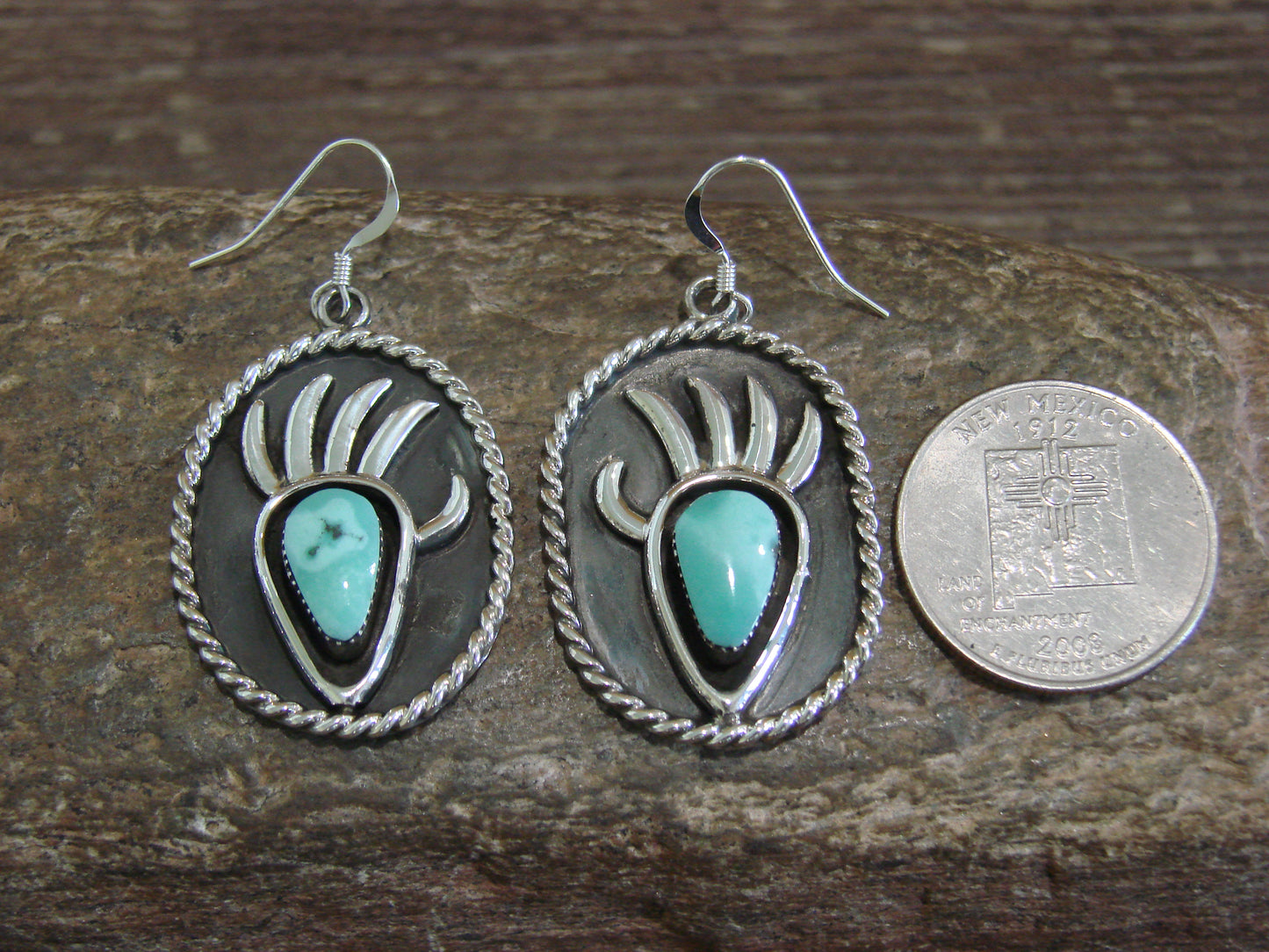 Native American Navajo Indian Sterling Silver Turquoise Bear Paw Dangle Earrings - Belin