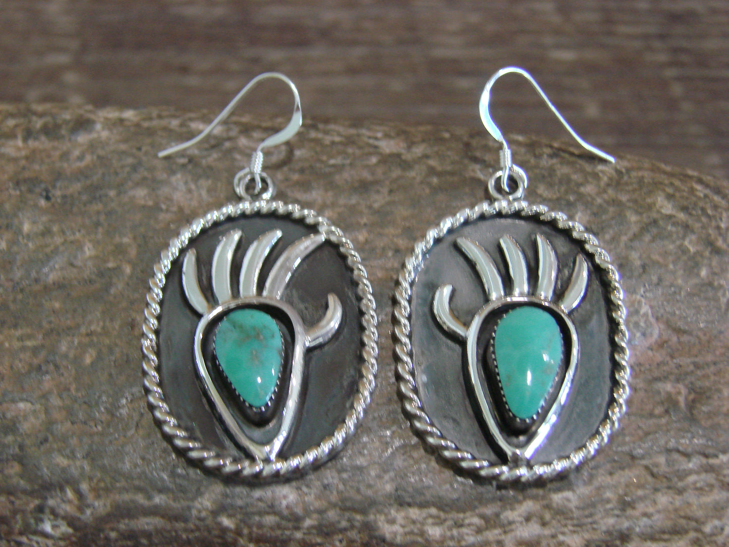 Native American Navajo Indian Sterling Silver Turquoise Bear Paw Dangle Earrings - Belin