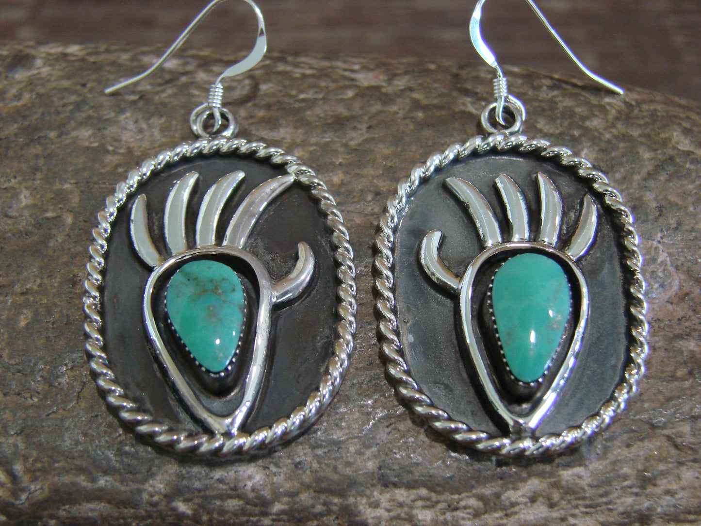 Native American Navajo Indian Sterling Silver Turquoise Bear Paw Dangle Earrings - Belin