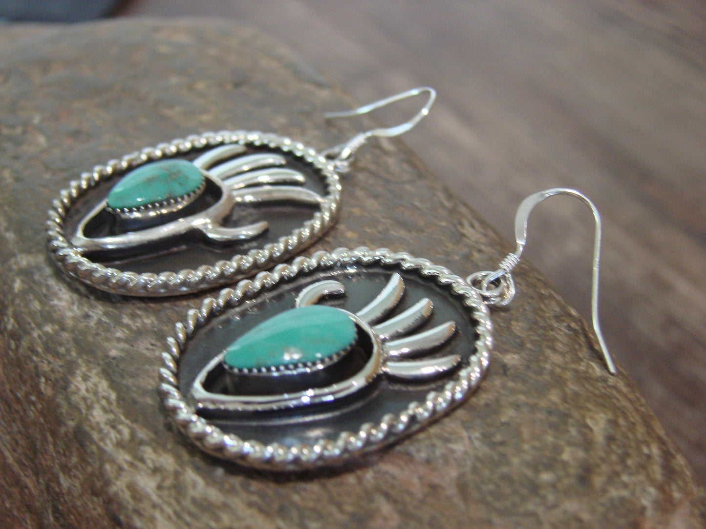 Native American Navajo Indian Sterling Silver Turquoise Bear Paw Dangle Earrings - Belin