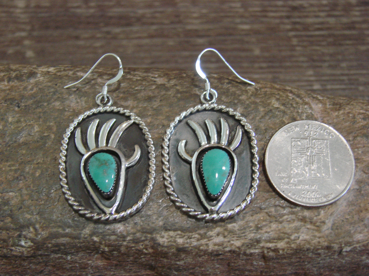 Native American Navajo Indian Sterling Silver Turquoise Bear Paw Dangle Earrings - Belin