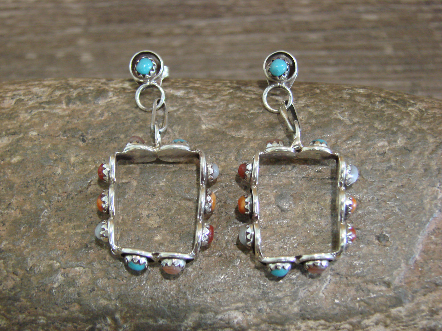 Native American Indian Sterling Silver & Multi Stone Post Dangle Earrings - Lonasee