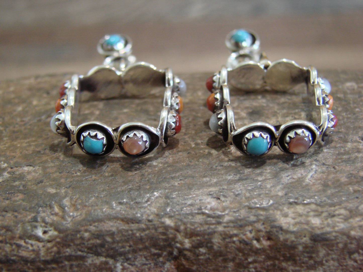 Native American Indian Sterling Silver & Multi Stone Post Dangle Earrings - Lonasee