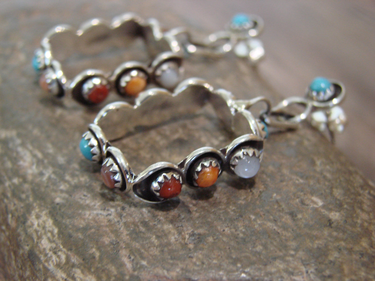 Native American Indian Sterling Silver & Multi Stone Post Dangle Earrings - Lonasee