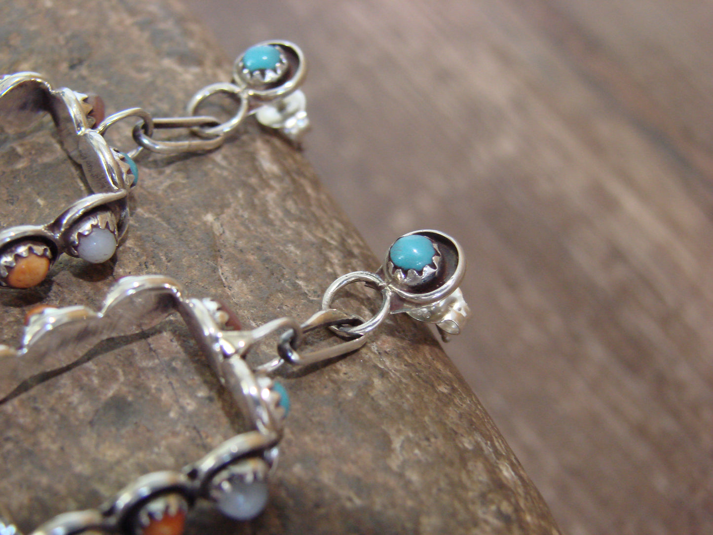 Native American Indian Sterling Silver & Multi Stone Post Dangle Earrings - Lonasee