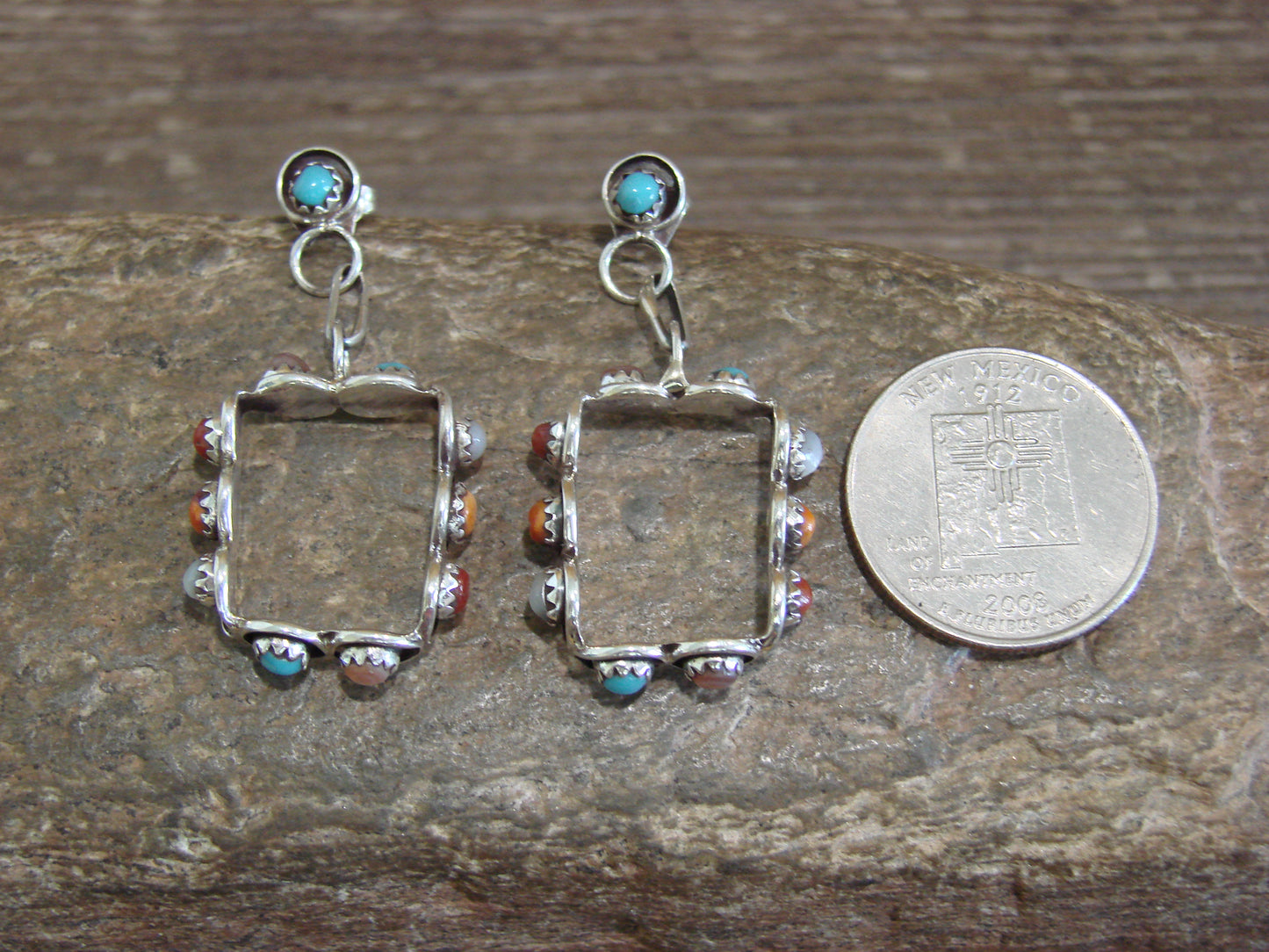 Native American Indian Sterling Silver & Multi Stone Post Dangle Earrings - Lonasee