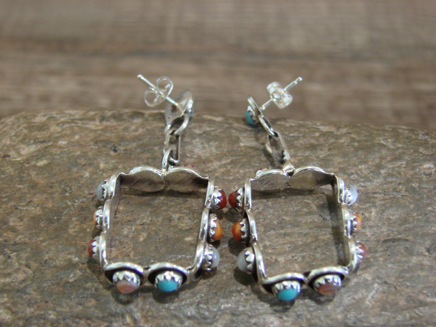 Native American Indian Sterling Silver & Multi Stone Post Dangle Earrings - Lonasee