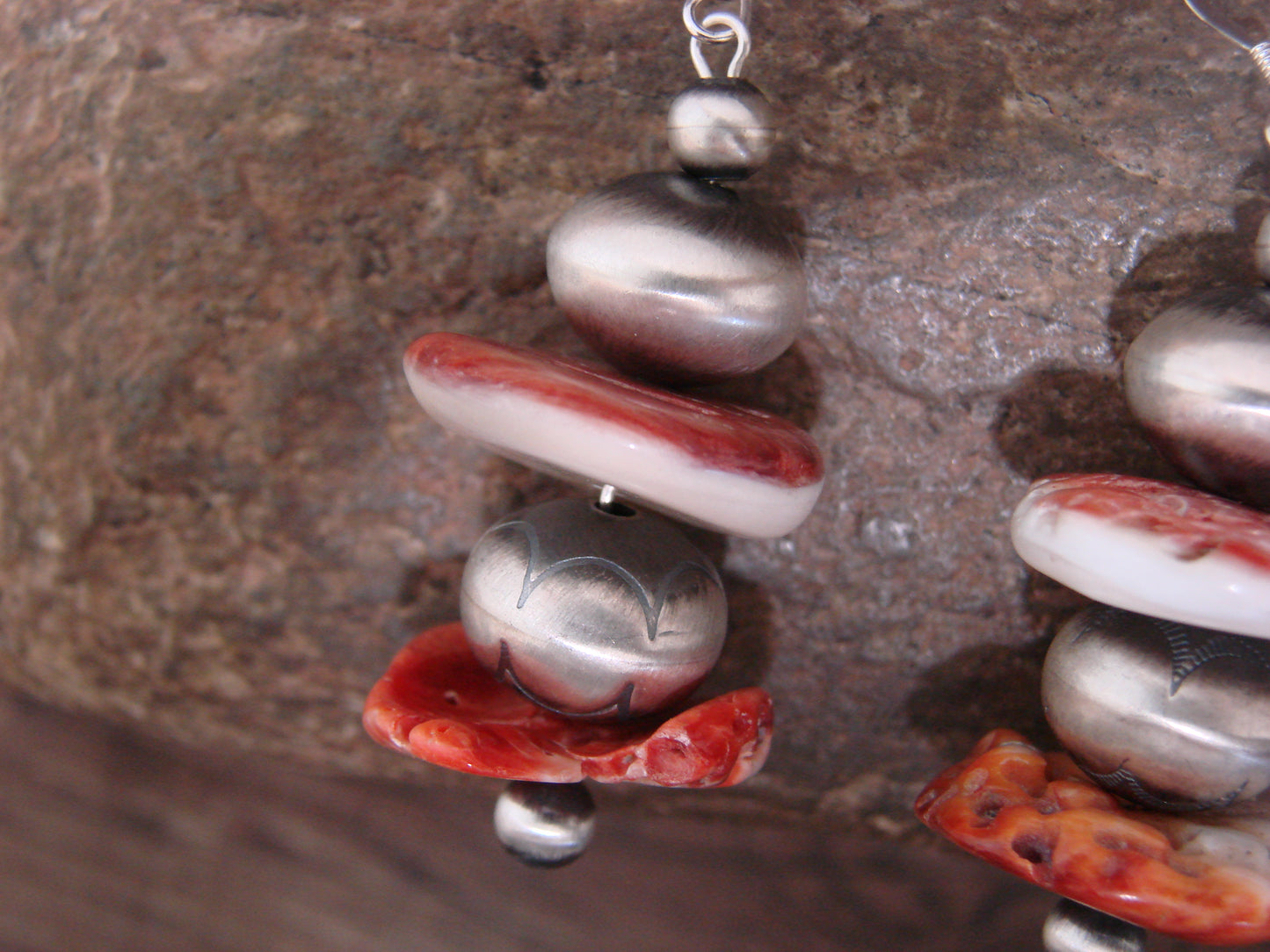 Native American Navajo Pearl & Spiny Oyster Dangle Earrings by Coriz