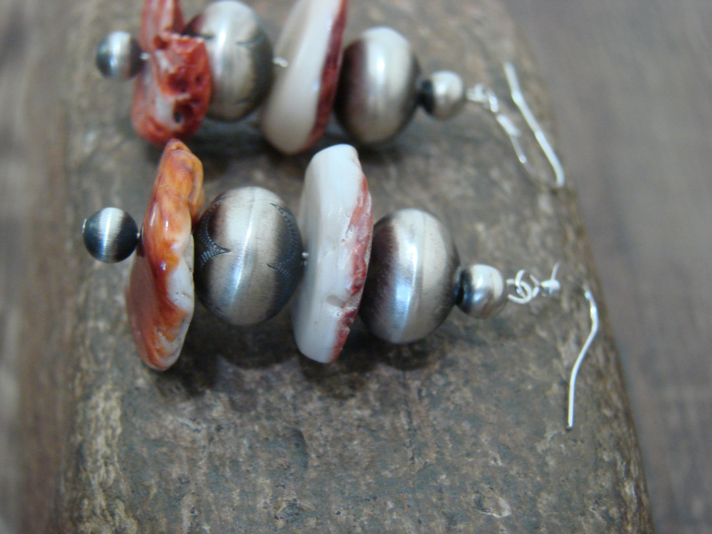 Native American Navajo Pearl & Spiny Oyster Dangle Earrings by Coriz