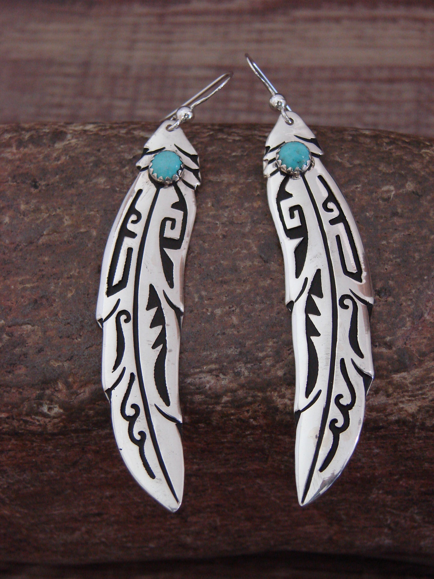 Native American Sterling Silver Feather & Turquoise Dangle Earrings - Singer