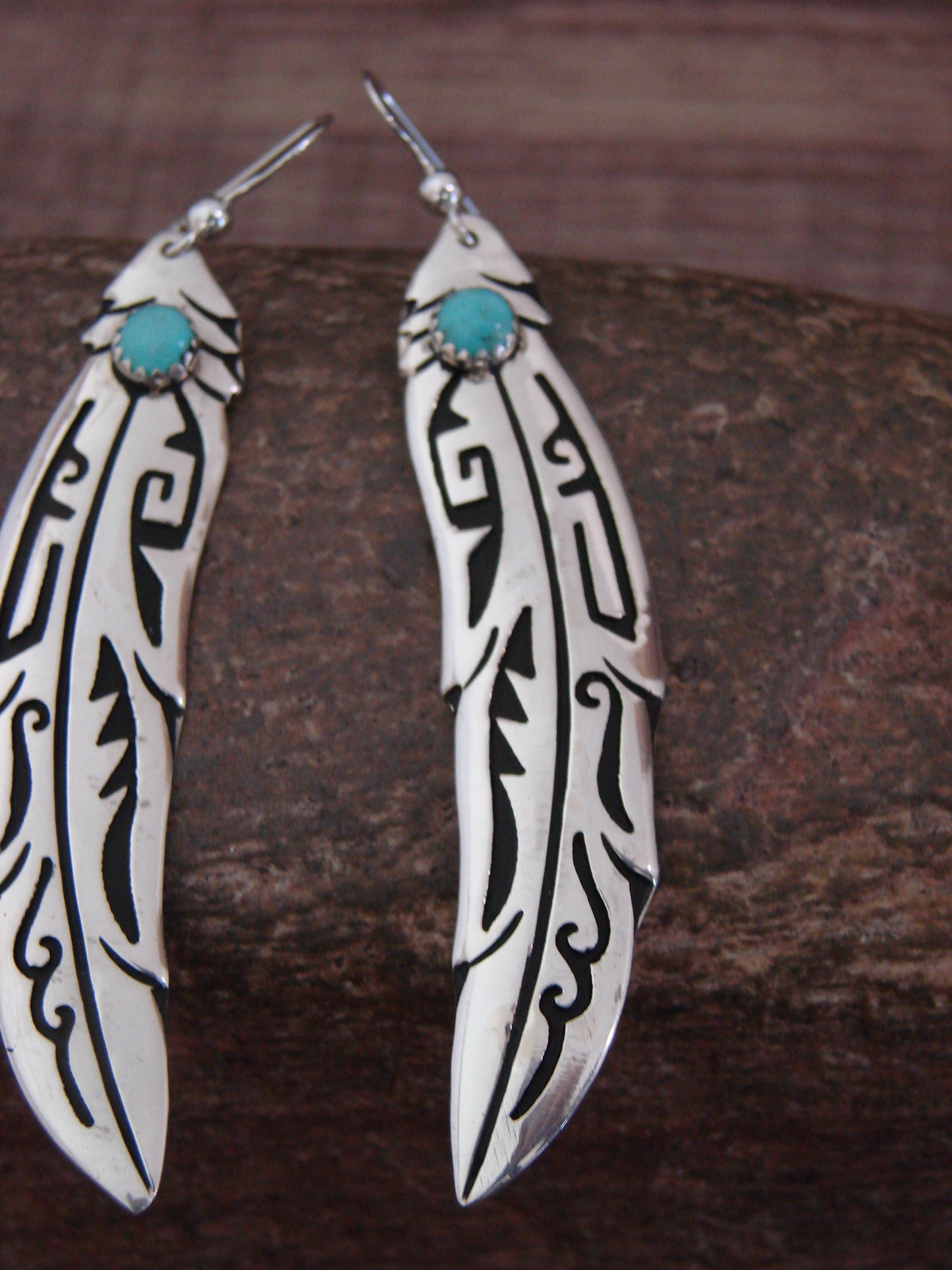 Native American Sterling Silver Feather & Turquoise Dangle Earrings - Singer