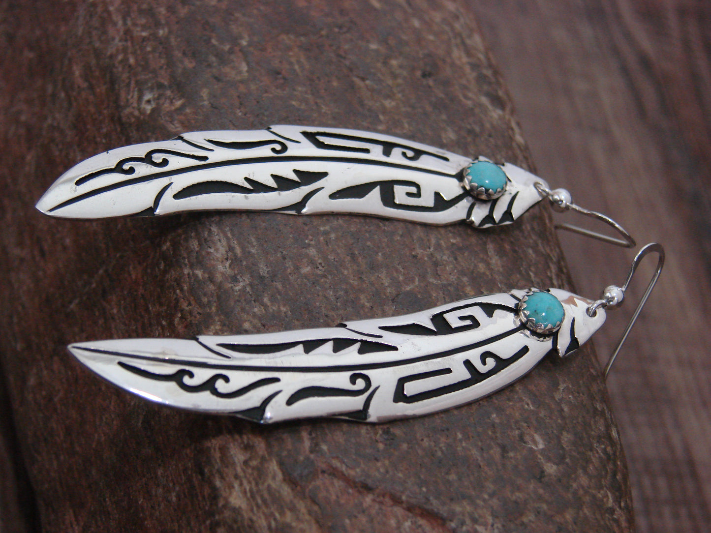 Native American Sterling Silver Feather & Turquoise Dangle Earrings - Singer
