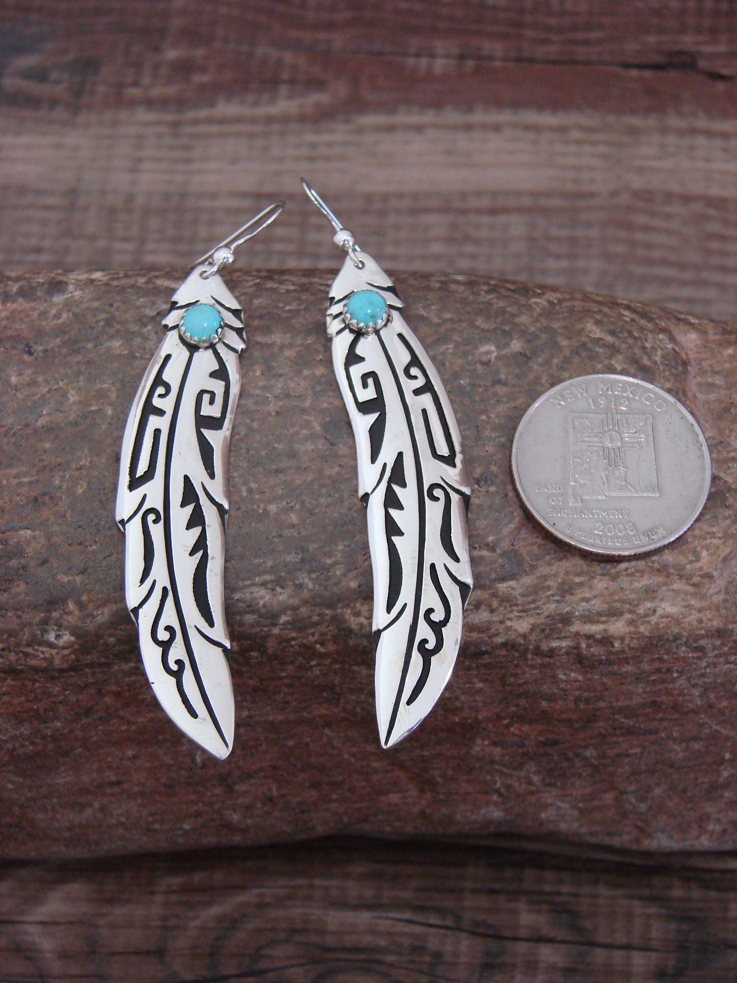 Native American Sterling Silver Feather & Turquoise Dangle Earrings - Singer