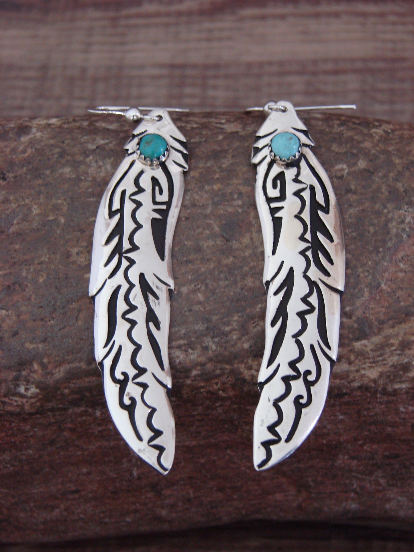 Native American Sterling Silver Feather & Turquoise Dangle Earrings - Singer