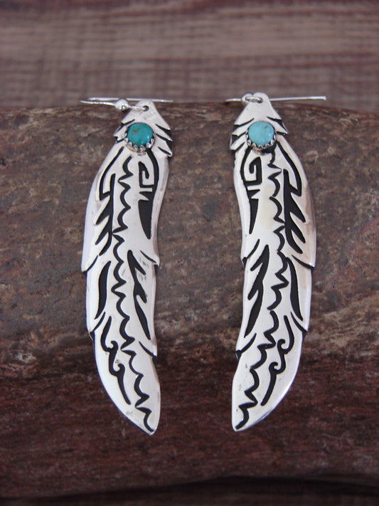 Native American Sterling Silver Feather & Turquoise Dangle Earrings - Singer