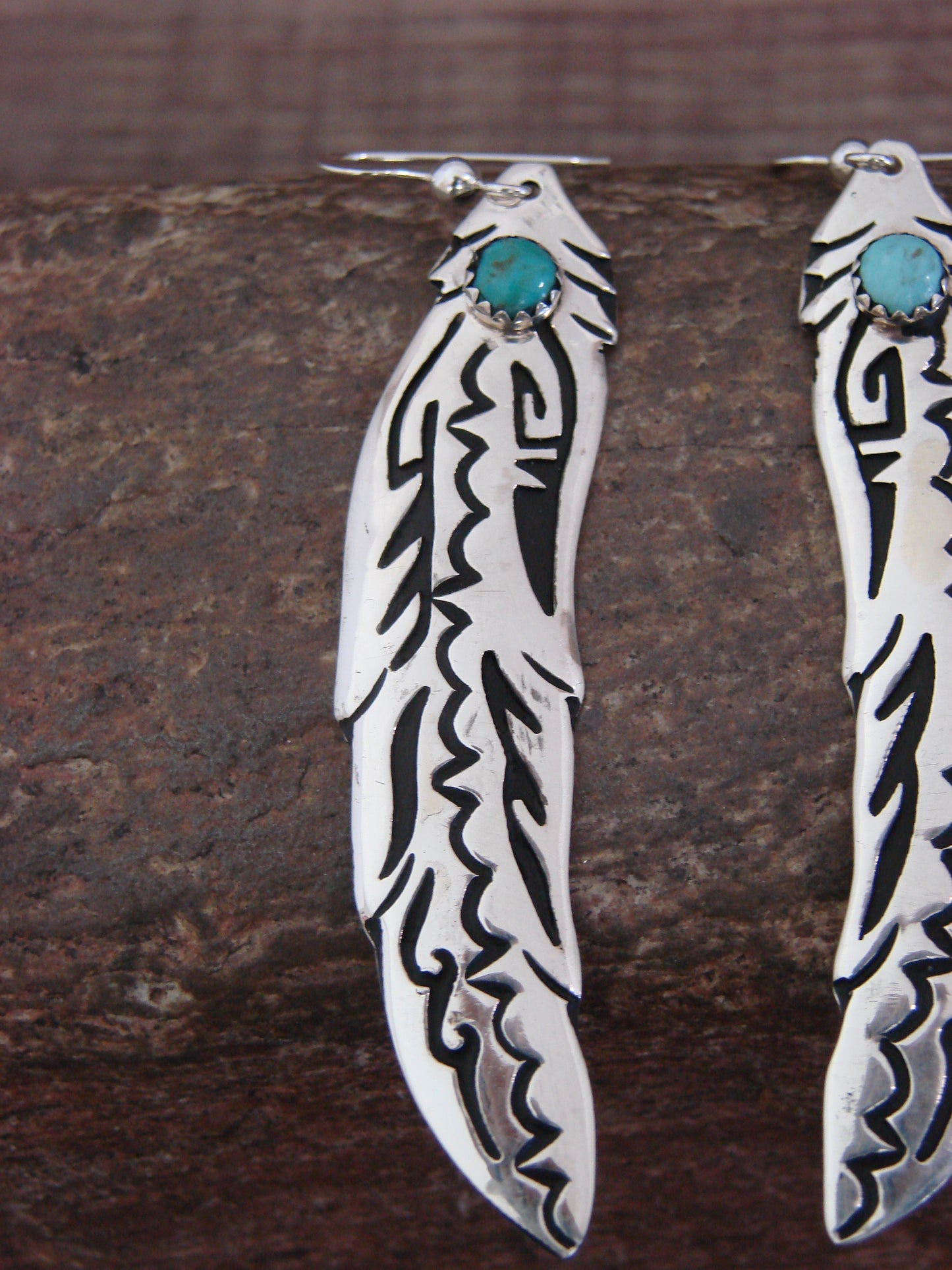 Native American Sterling Silver Feather & Turquoise Dangle Earrings - Singer