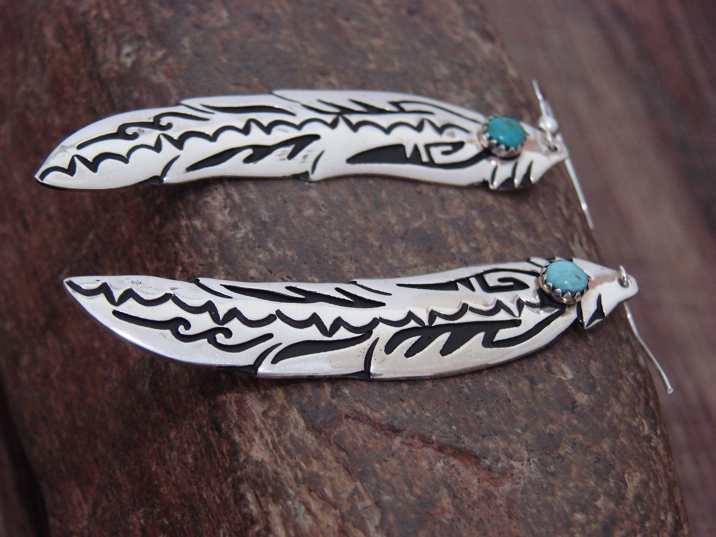Native American Sterling Silver Feather & Turquoise Dangle Earrings - Singer