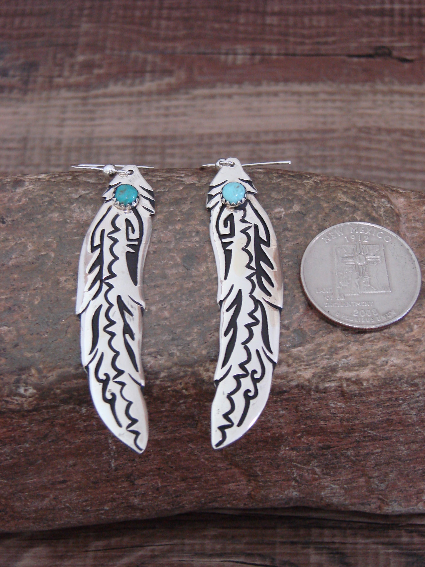 Native American Sterling Silver Feather & Turquoise Dangle Earrings - Singer