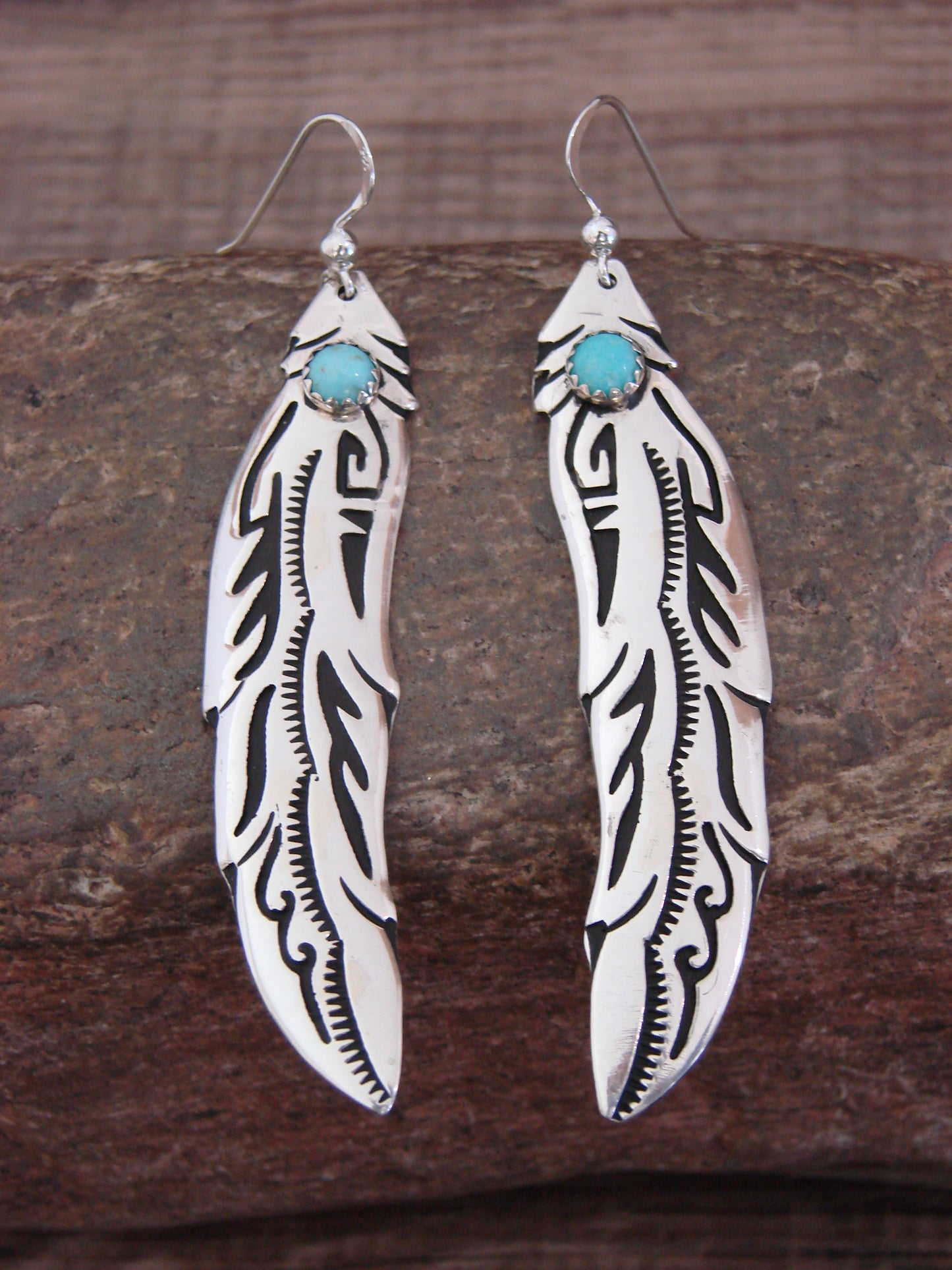Native American Sterling Silver Feather & Turquoise Dangle Earrings - Singer