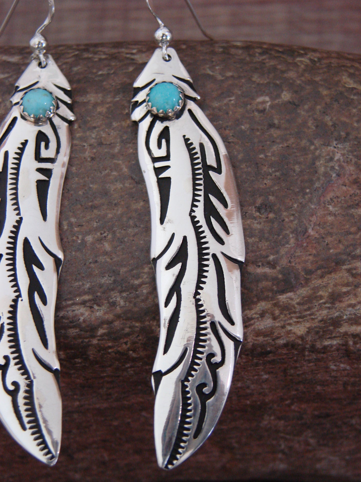 Native American Sterling Silver Feather & Turquoise Dangle Earrings - Singer