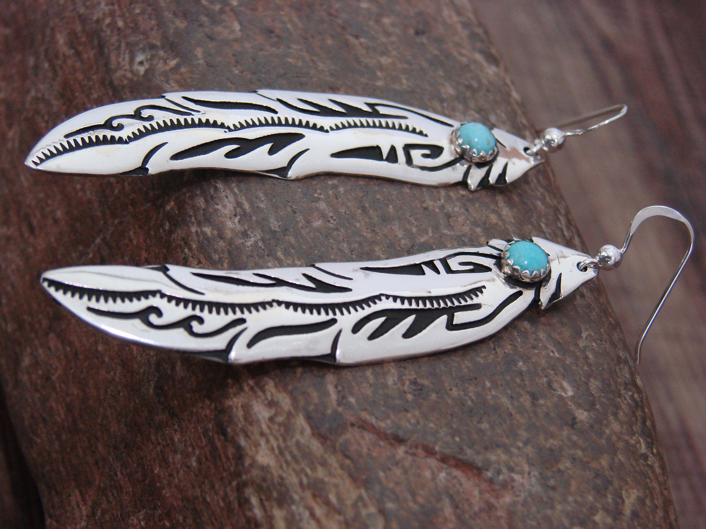 Native American Sterling Silver Feather & Turquoise Dangle Earrings - Singer