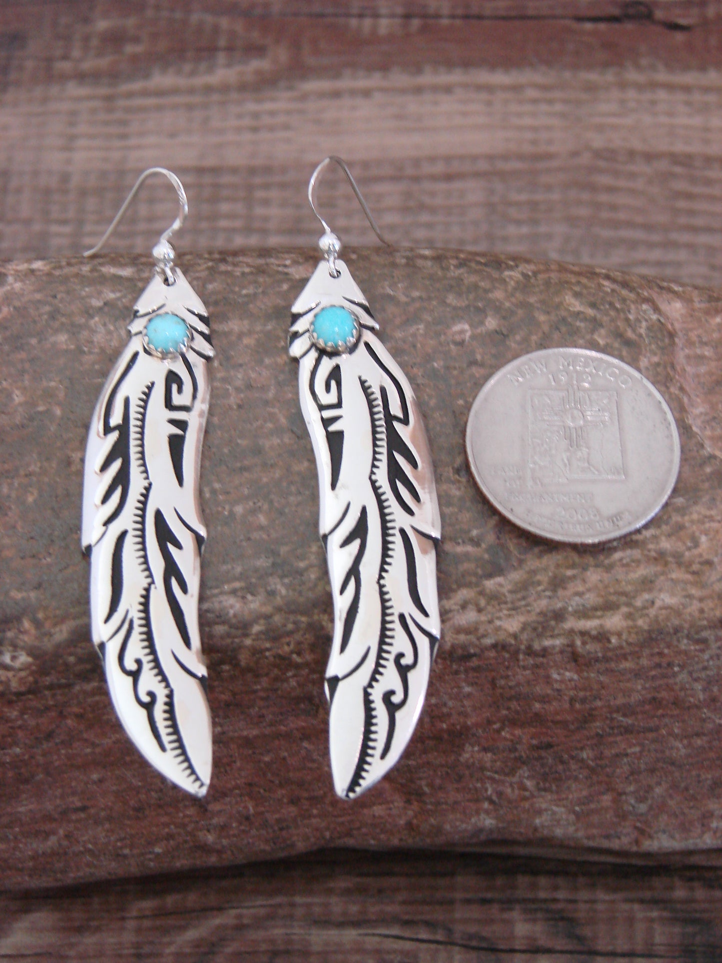 Native American Sterling Silver Feather & Turquoise Dangle Earrings - Singer