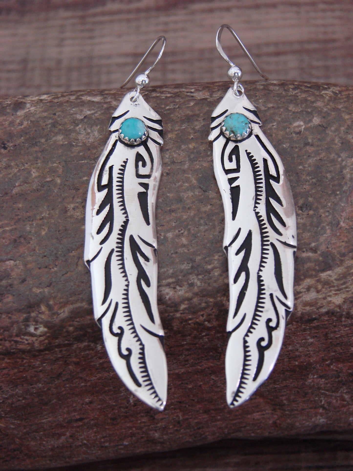 Native American Sterling Silver Feather & Turquoise Dangle Earrings - Singer