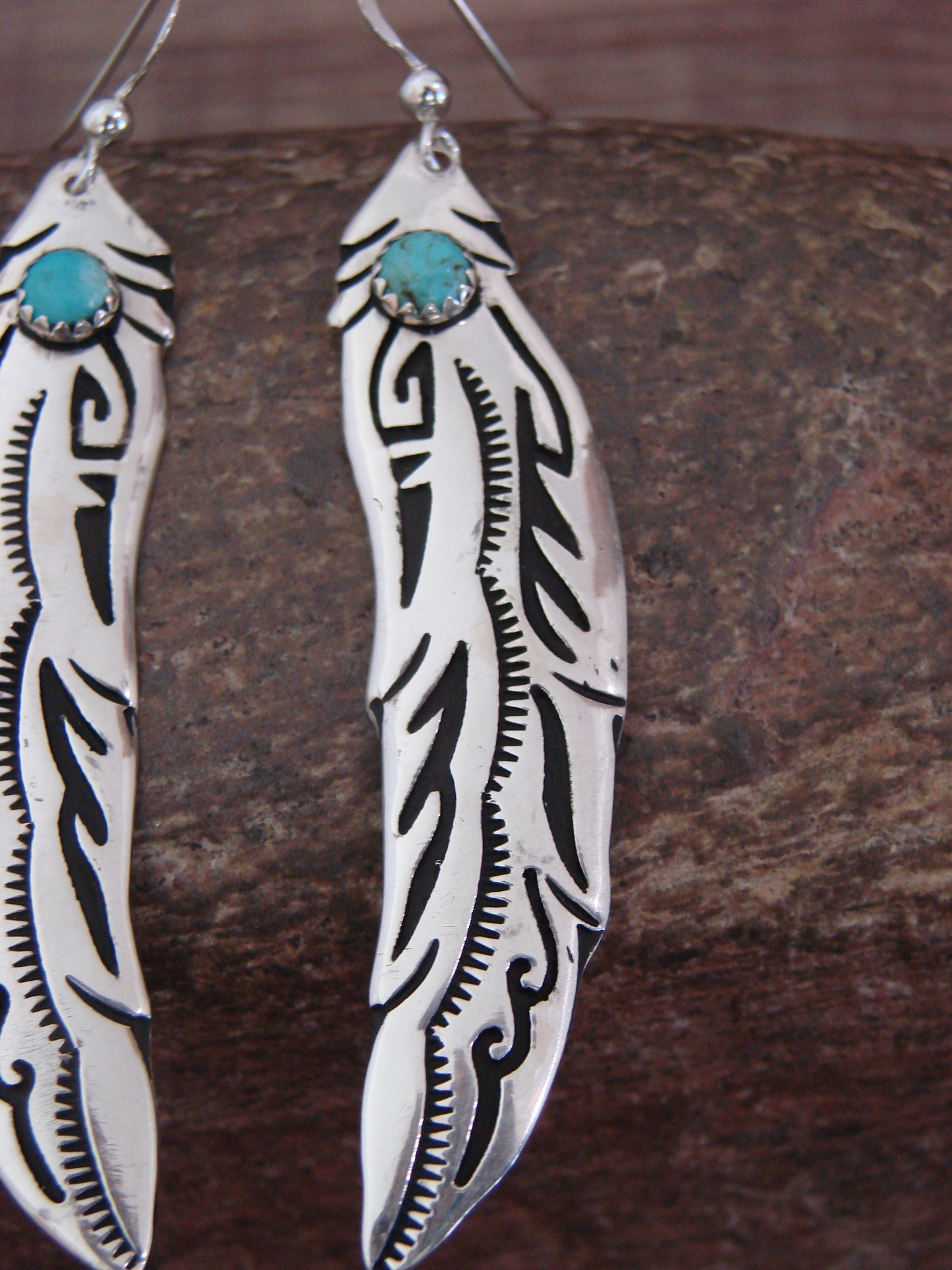 Native American Sterling Silver Feather & Turquoise Dangle Earrings - Singer
